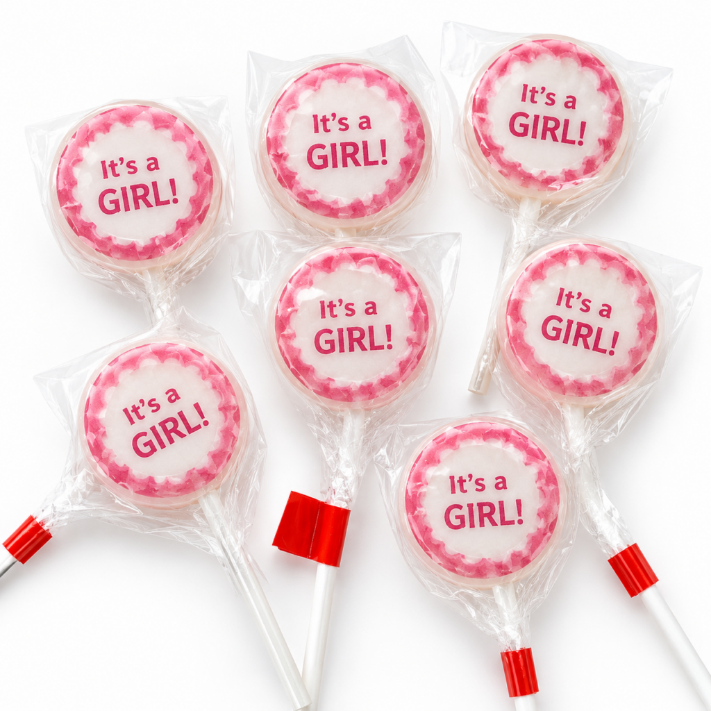 It’s a Girl printed lollipops in cherry flavour