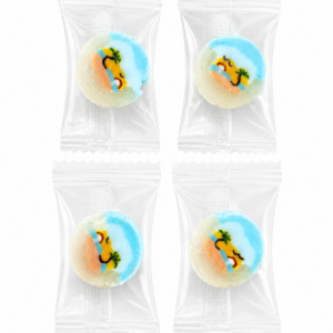 Handcrafted Cocopine rock candy featuring a tropical sunrise, palm tree, ocean and bird design inside artisanal sweets.