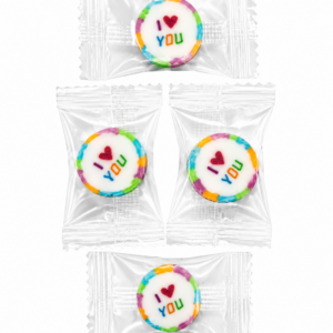 Handcrafted I Love You rock candy sweets in humbug flavour individually wrapped on white background