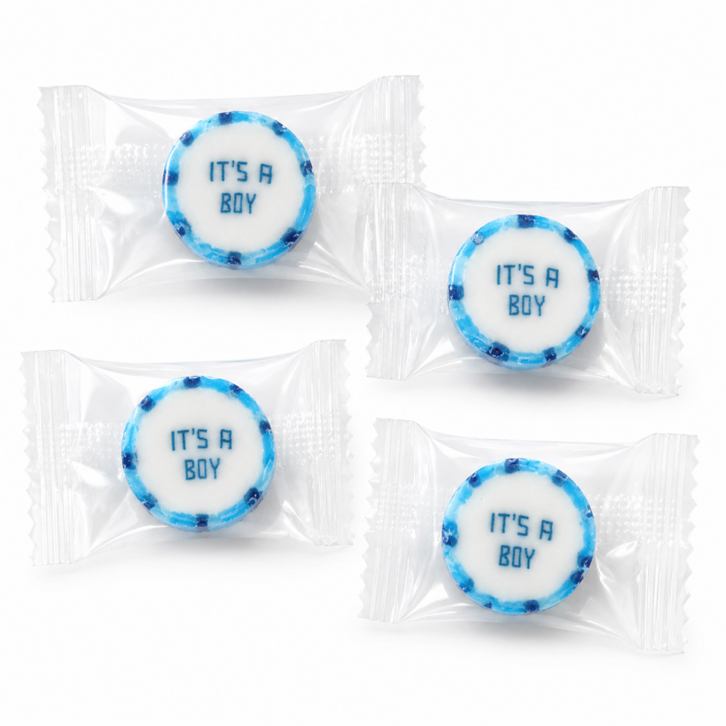 It’s a Boy baby shower sweets in vanilla raspberry flavour