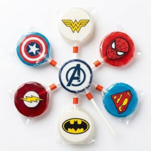 Superhero printed lollipops in cherry flavour