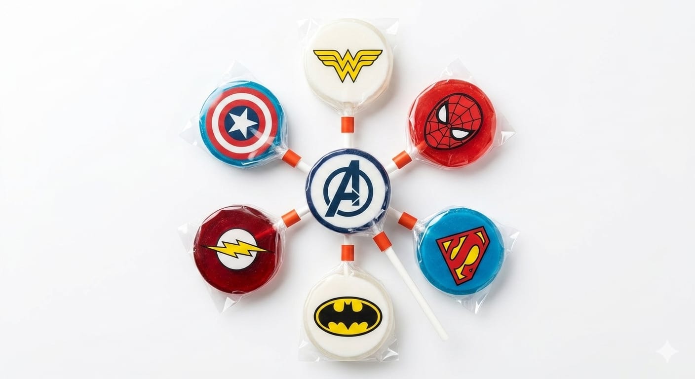 superhero_printed_lollipops_yimmys_candy Superhero printed lollipops in cherry flavour