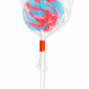 Blue and red swirly lollipop in Wicks bubblegum flavour