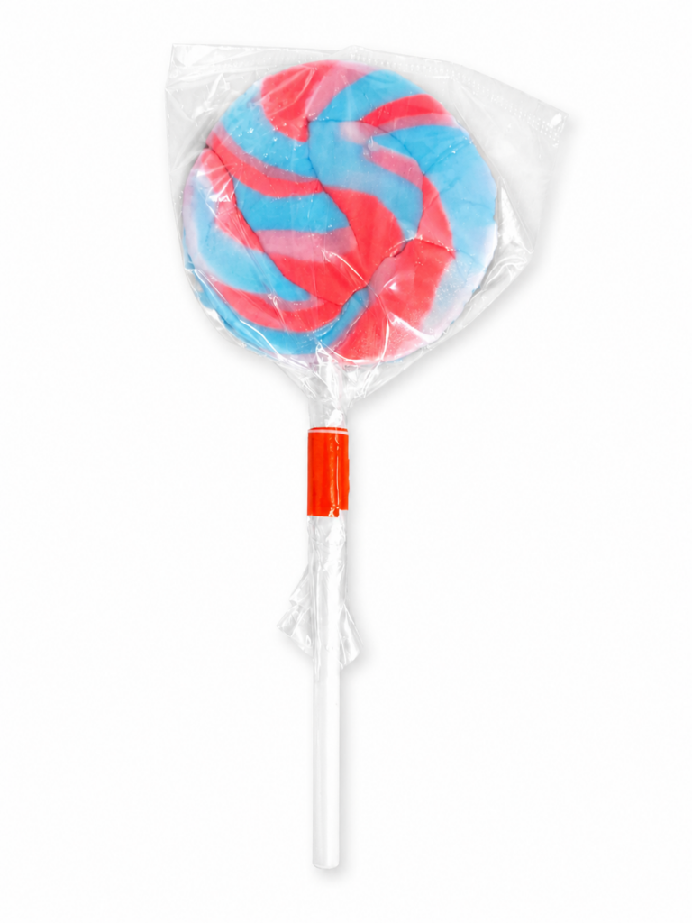 Blue and red swirly lollipop in Wicks bubblegum flavour