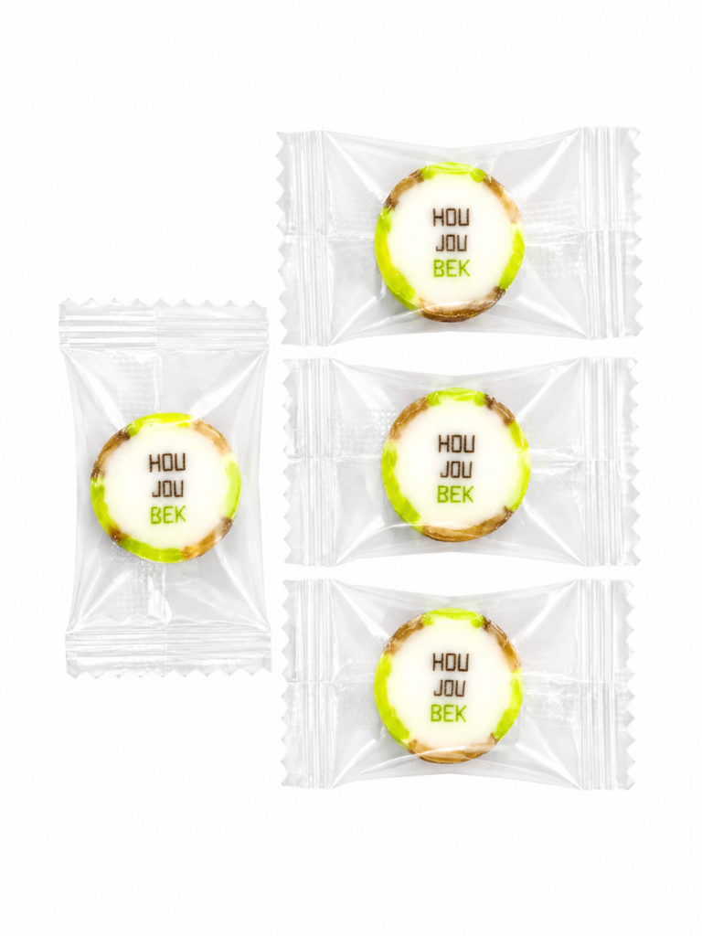 Handcrafted Hou Jou Bek rock candy sweets in litchi flavour individually wrapped