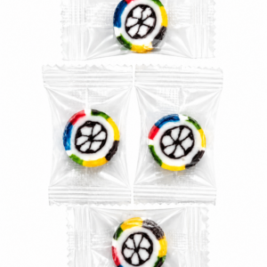 Handcrafted soccer ball rock candy sweets in vanilla raspberry flavour individually wrapped