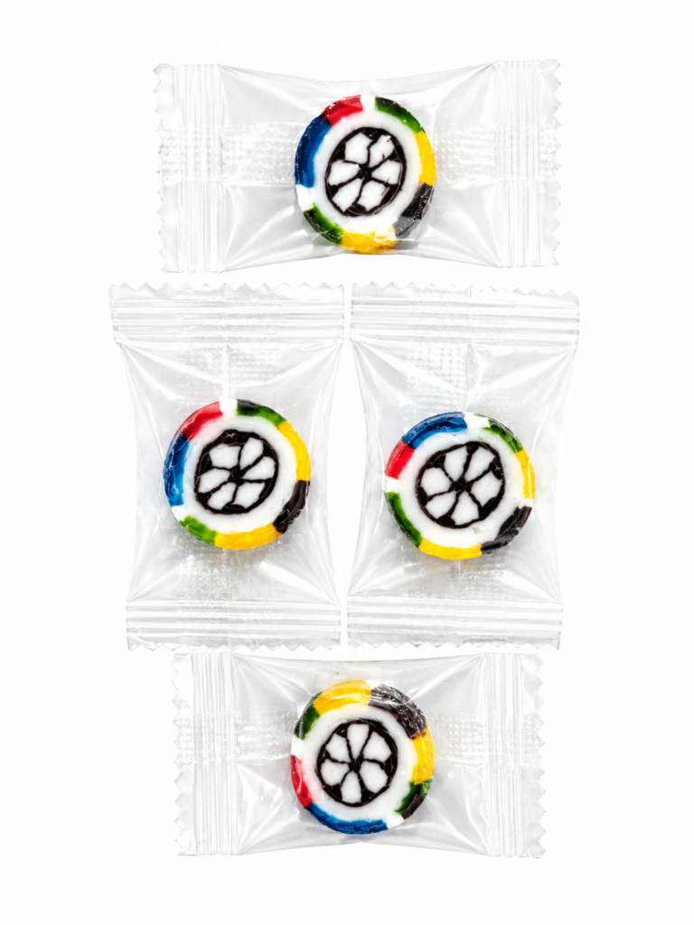 Handcrafted soccer ball rock candy sweets in vanilla raspberry flavour individually wrapped